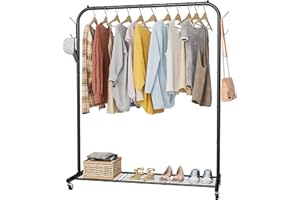 HOMIDEC Clothes Rail, Portable Clothes Rack with Hook and Metal Storage Shelf, Heavy Duty Clothes Rail on Wheels, Clothing Rail Clothes Rails for Bedroom, Hanging Rails for Clothes, Holds up to 40 kg, Black