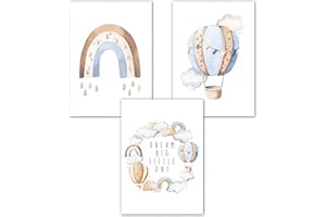 DOUBLE CRITICAL Lemmami Papeterie 3er Set Boho Deko Wandbilder Kinderzimmer Babyzimmer Poster Bilder Mädchen Junge Dream Big Little One (Blau Heissluftballon Regenbogen)