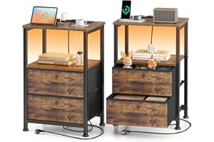 ‎YORNOLI Yornoli Nachttisch 2er Set mit LED & Ladefunktion, Beistelltisch mit Schublade, Nachttische mit 3 AC-Anschlüsse & 2 USB-Anschlüssen, Beistelltische fürs Wohnzimmer, Schlafzimmer, Vintage Braun