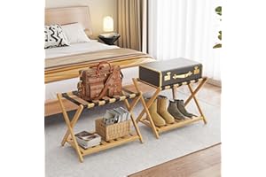 BAMBOOHOMIE 2er Set Bambus Gepäckablage für Gästezimmer, 26,77" Klappbarer Kofferständer mit Ablagefach, Verstärkter Gepäckständer für Schlafzimmer und Hotels, Gepäckablage für Koffer (Natur)