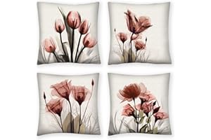 QUALKNOY Set of 4 Cushion Covers 18"x18" Red Flower Linen Modern Art Decorative Throw Pillow cases 45 x 45cm for Living Room Sofa Outdoor Pillowcases