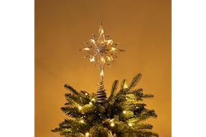 ‎VALERY MADELYN VALERY MADELYN 34.5cm Metall Weihnachtsbaumspitze mit Stern Batteriebetriebe 10 Warmgelb LEDs beleuchtete Christbaumspitze mit Schneeflocken Weihnachtsdeko Silber MEHRWEG Verpackung