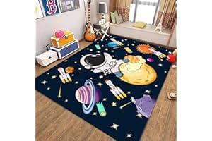 MUOUCTE Space Astronaut Children Play Area Rug, 120x180cm Cute Cartoon Star Rocket Print Pattern Rug, Non-Slip Washable Interior Decoration Rug, Bedroom Kids Room Playroom Apartment Floor Mat