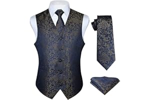 HISDERN Chaleco Traje Hombre Paisley Floral Jacquard Chaleco y Corbata y Pañuelo Set Chalecos Hombre de Vestir Elegantes Boda Fiesta