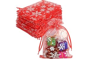 YQL 100Pcs Christmas Organza Bags, 10X15cm Red Organza Bags Medium Snowflake Drawstring Gift Bags Little Mesh Bags Favour Bags for Jewelry Candy Makeup Packing, Christmas Organza Bags