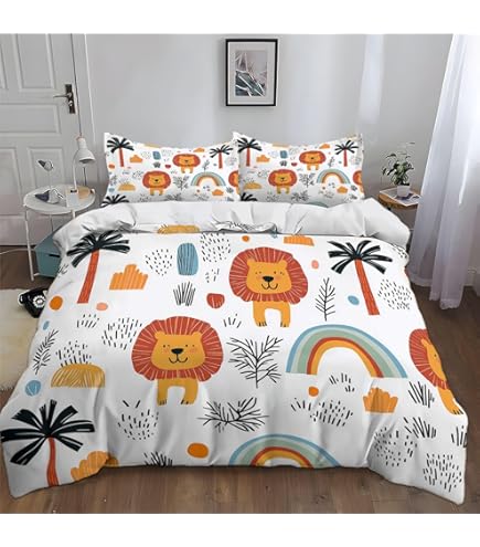 Funda Nórdica Infantil 150x200 Cm + 2 Fundas Almohada 50x75 - Microfibra, Estampado León Amarillo, Lavable Máquina