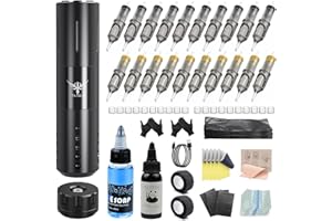 TATELF Bezprzewodowy zestaw maszynek do tatuażu Kompletny zasilacz 1800mAh 20szt Wkłady Igły Tusz do tatuażu Niebieskie mydło Praktyka Bandaż na skórę dla początkujących