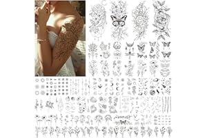 Acevegue 61 Feuilles Tatouages Temporaires, Fleurs, Papillons, Ailes Coquillage, Faux Tatouages Noirs pour Femmes et Filles, Tatouage Ephemere 3D Imperméables pour Enfants et Adultes
