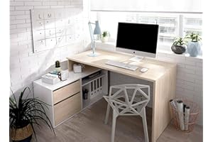 Dmora - Scrivania Gardena, Scrittoio multiposizione da ufficio o cameretta, Tavolo da studio angolare multiuso, 139x92h75 cm, Bianco e Rovere