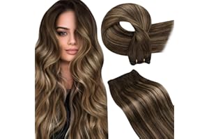LaaVoo Weft Hair Extensions Real Human Hair Brown Sew in Hair Extensions 100g 18 Inch Full Head Straight Remy Balayage Dark Brown Mix Blonde Invisible Double Weft Weave #4/27/4