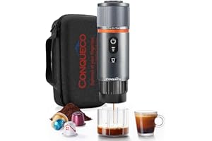 CONQUECO Máquina de café espresso portátil de 12 v: cafetera de viaje para coche, calentamiento rápido de 2,5 minutos, 8 tazas de espresso para una carga, PCM020D