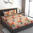 AMEYAA Cotton Feel Glace Cotton Elastic Fitted Printed King Size Double Bed Bedsheet with 2 Pillow Cover(72"x78", Red Flower), 300-350 threadcount