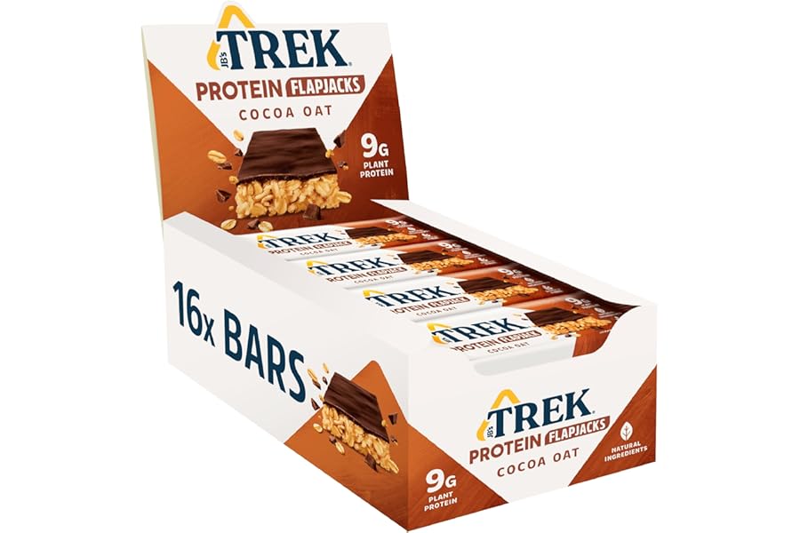 Trek High Protein Flapjack Cocoa Oat, 50 g - Gluten Free Bars – Healthy Snack Bars – Plant Based Protein - Vegan Bars (Pack of 16 Bars) | L0572375-P107199021-M107199013