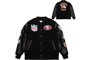 Mitchell & Ness NFL Blackout Retro College Jacke | Woll-Polyester-Mix | PU-Ärmel |hochwertige Patches und Stickereien auf Brust und Ärmeln | Rippbündchen an Kragen, Ärmeln und Saum