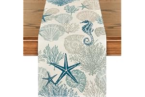 Artoid Mode Camino de mesa de verano, diseño de caballito de mar, conchas, estrellas de mar, océanos, cocina, comedor, decoración, interior, vacaciones, fiesta, decoración, 40 x 140 cm