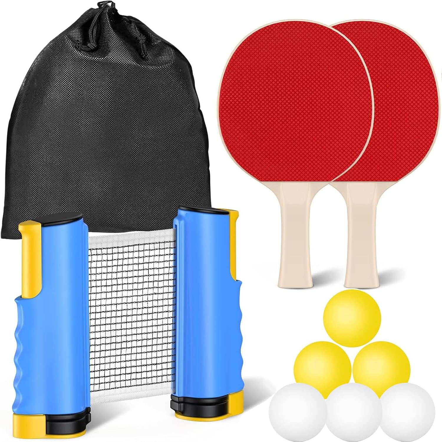 Set de Palas de Ping-Pong, 2 Palas de Ping-Pong Profesionales 6 Pelotas de Ping-Pong Red de Ping-Pong retráctil con Bolsa de Almacenamiento