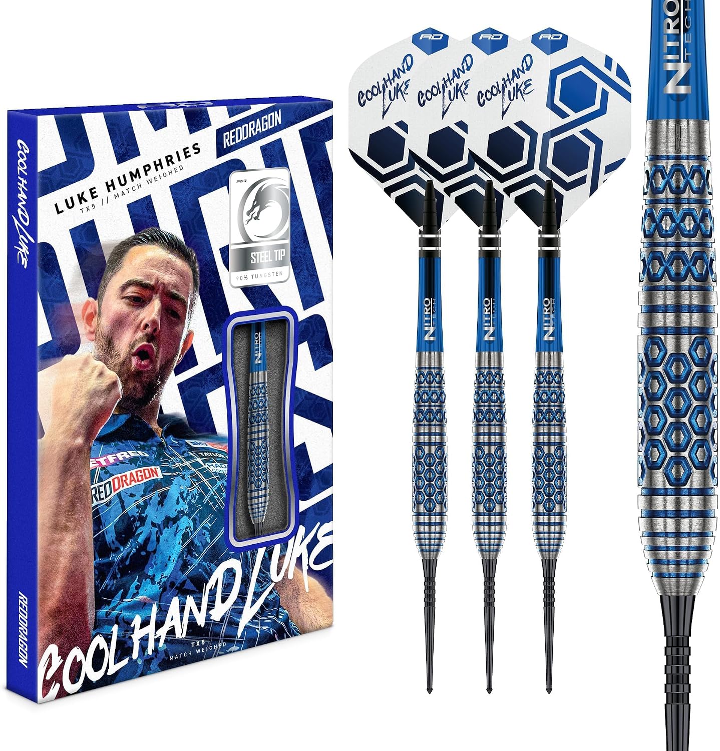 RED DRAGON Dardos – Jugador profesional Luke Humphries 'Coolhand' serie TX5 – 90% tungsteno profesional – Incluye dardos y cañas | 18 g punta suave y 23 g y 25 g dardos de acero