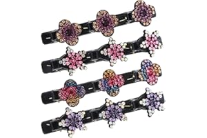 LALASTYLE 4PCS Three Rhinestone Flower Side Hair Clip, Crystal Braided Hair Clips, Satin Fabric Hair Bands, Double Braided Hair Clip, Rhinestone Hair Clip for Women (Style C)