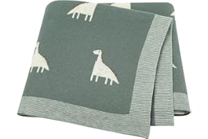 LAWKUL Baby Blanket 100% Cotton Knit Soft Breathable Blankets for Newborn Boy Girl, Dinosaur Green, Pram/Mose Basket(90x70cm)