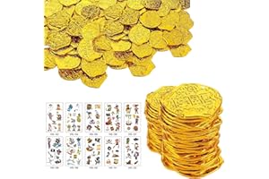 SZSMW 100 Monedas Juguete - Monedas de Plastico - Tesoro Pirata Monedas de Oro Juguete - Ideal para Decoraciones Piratas para CumpleañOs para NiñOs, Fiestas de Halloween（10 pegatinas）