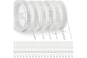 Draupnir 14m 6 Rollen Gliederkette Silber, Schmuckketten zum Basteln, Gliederkette Meterware, Halskettenketten Zubehör mit Ringen und Karabinerverschlüssen und U Ringen für Schmuck DIY Herstellung
