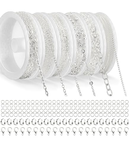 SUNNYCLUE Bobine de chaîne trombone en acier inoxydable argenté de 5 m, 30 anneaux ouverts, 10 fermoirs mousquetons pour la fabrication de bijoux, hommes et femmes, loisirs créatifs