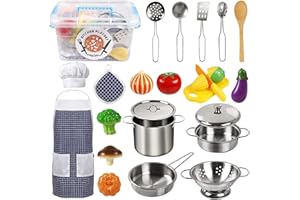 EFO SHM Kinderküch Zubehör, Küchenspielzeug Kochgeschirr Edelstahl Pfannenset Schürze und Kochmütze für Gemüse Pretend Spielzeug, Mädchen und Jungen Rollenspiel kinder Spielzeug ab 3 Jahre