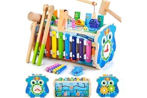 KIDWILL Montessori Spielzeug ab 2 3 4 Jahre, 7 in 1 Holz Lernspielzeug Hammerspiel & Angelspiel & Xylophon & Labyrinth & Zahnradspiel & Lernuhr & Würmer fangen, Magnetspiel für Kinder -Eule Version