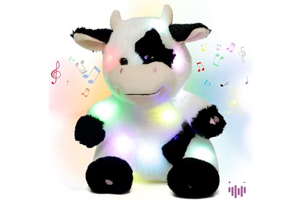 Hopearl Vache Musicale Peluche Lumineuse LED Qui Chante Volume Réglable, Veilleuse Animée Apaisante - Cadeau Anniversaire Fête pour Enfants Filles, 33cm