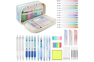 ESSALOO Pencil Case with Stationery Included, Pencil Case Set & School Stationary Supplies, 40Pcs School Stationery Set with 12 Highlighters, 3 Mechanical Pencils, 5 Gel Pens & 4 Erasable Pens, Blue