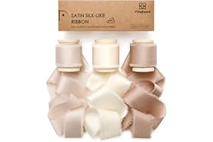‎VITALIZART Vitalizart Satin Geschenkband Champagner & Creme & Nude 2,5 cm x 13,7 m Hölzerne Spule, Handgefertigtes Ausgefranstes Seidenband für Geschenk Verpacken Hochzeit Brautsträuße Urlaub Dekor