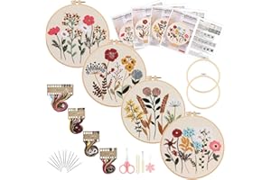 JOYVOVO 4 Stck. Stickset für Anfänger, Blumenmuster Pflanzen Stickset für Starter Embroidery Kit Stickerei Set, Sticken Kunsthandwerk, Kreuzstich Set mit Stickrahmen Farbfäden und Werkzeuge