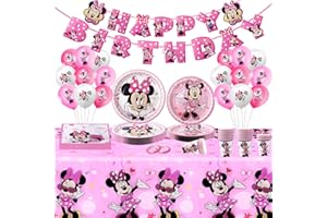CHUKUA 92Pcs Mouse Geburtstagsdeko Rosa Partygeschirr Set Pappteller Luftballons Mikey Mouse Geburtstagsdeko Mädchen Geburtstags Deko 1 2 3 4 5 6 7 8 9 Jahr für Kindergeburtstag Dekorationen