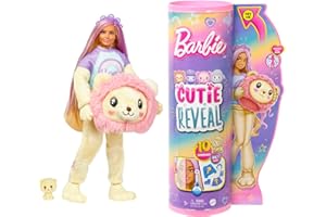 Barbie Cutie Reveal Lew Lalka Seria Słodkie stylizacje Lalka w kostiumie lwa z 10 niespodziankami, zmiana koloru, HKR06