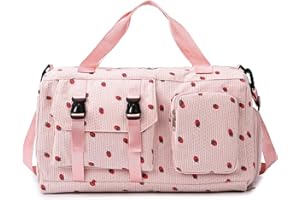 Waniki Sporttasche Kinder Mädchen Erdbeere Cord Reisetasche Damen Weekender Schwimmtasche mit Schuhfach und Nassfach Teenager Travel Bag Balletttasche für Reisen, Fitness, Sport, Gymnastik, Schule