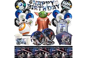 JUNMALLKO 65 Stücke Star Geburtstagsdeko Set, Star Krieg Party Geschirr, Star Krieg Luftballon, Wars Party Geburtstagsdeko Banner, Pappteller, Pappbecher, Servietten, Tischdecken und Luftballons - 10 Portionen