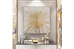 JIANGHU ART Impression sur toile Peinture à l'huile texturée concave sur toile Lignes dorées Art mural abstrait brillant doré soleil photo de bureau 80x80cm (31x31in) avec cadre