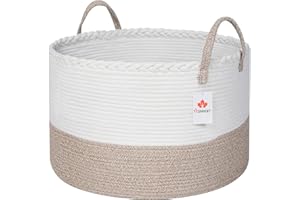 AUNHUIT XXXL Woven Cotton Rope Blanket Basket 55 x 35CM Extra Large Decorative Storage Basket Living Room Collapsible Clothes Hamper kids Laundry Nursery Bin Organizer for Towels Pillows