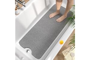 HITSLAM Alfombra de Bañera Antideslizante 100x40cm, Extra Largo Alfombra Ducha Antideslizante, Loofah de PVC Suave Alfombra Baño, Secado Rápido Alfombrilla Bañera, Sin Ventosa, Gris