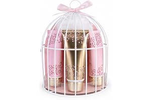 Accentra badset WILD BERRY fågelbur 145 g tvål vanilj och tranbär rosa guld | Badgåva för avkoppling, prydlig presentförpackning med rosett, duschgel, kroppslotion, handkräm, nagelkräm, badpuff