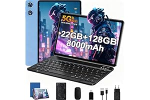UJJ Tablet 10 Pollici Android con 22GB RAM + 128GB ROM (TF/2TB), Octa-Core 2.0 GHz, Widevine L1, 5G WiFi 6, Bluetooth 5.0, 1280 * 800 FHD IPS, 8000mAh, 5MP + 8MP, Newest Tablet con Tastiera e Mouse - Blue