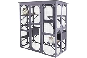 AKINERRI Large Cat House Outdoor Walk in Wooden Cat Enclosure Indoor Cat Cage Kitty Condo Playpen with Large Door, Platform & Small House