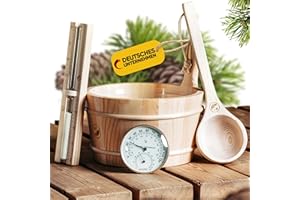 PUFFIN Health Sauna Zubehör Set | Saunathermometer, Hygrometer, Sanduhr, Aufguss Eimer & Saunakelle | Das perfekte Saunazubehör für Zuhause