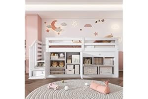TZCIN Kinderbett 90x200 Einzelbett, Hochbett mit Stauschrank, Schreibtisch und Treppe, Regal & Schubladen & Schließfach, Holzbett Stauraumbett Funktionsbett Jugendhochbett mit Lattenrost,Ohne Matratze,Weiß