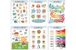 OWNSUN Spielerisch lernen | 6er SET mit Lernpostern für Kinder ideal für Zuhause, Vorschule & Kindergarten | Pädagogisch & Dekorativ | ABC, Zahlen, Monaten, Farben, Gefühlen & Körper auf Deutsch