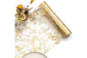 Qidordour Gold Table Runner, 28cmx5m Glitter Metallic Gold Thin Mesh Table Runner Roll Table Decor Easy to Cut Gold Party Decorations for Wedding, Bridal Shower, Baby Shower, Birthday Party, Banquet