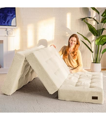 MAXYOYO Zitzakbed, opvouwbaar, corduroy fluweel, slaapbank, vloermatras voor volwassenen, extra dik, 4-voudig gevouwen, vloerbank voor slaapkamer, woonkamer, beige, 100 x 240 cm