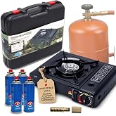 Portable Camping Gas with Bottle Adapter + 4 Cartridges, Pack of Stove + 4 Cartridges, Portable Camping Gas Stove, Cooker, In