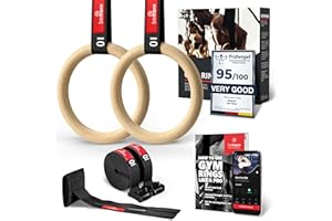 BEMAXX Zestaw pierścieni gimnastycznych drewno + mocowanie do kotwicy drzwi, e-book do ćwiczeń i regulowane paski bezpieczeństwa + oznaczenia długości | Drewniane olimpijskie siłownia gimnastyka atletyczna fitness | sprzęt do treningu mięśni domowego