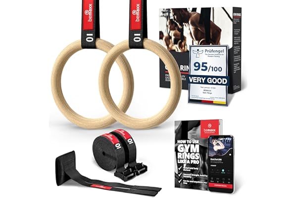 BeMaxx Anneaux de Gymnastique en Bois + Support Porte & Livre d’Exercices | Set Gymnaste & Sangle de Sécurité Graduées | Anneau Sport Gym Workout Musculation | Réglables, Polyvalents | Adultes